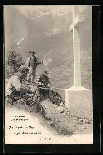 AK Faucheurs a la Montagne, Steinmetze vor einem Gipfelkreuz und Bauer mit Sense