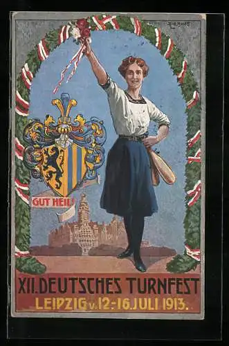 AK Leipzig, XII. Deutsches Turnfest 1913, Turnerin mit Kegeln hält Blumenstrauss, Wappen