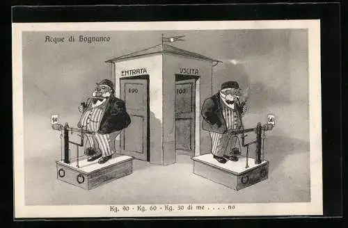 AK Acque di Bagnanco, Zwei Männer auf der Waage, Badekultur