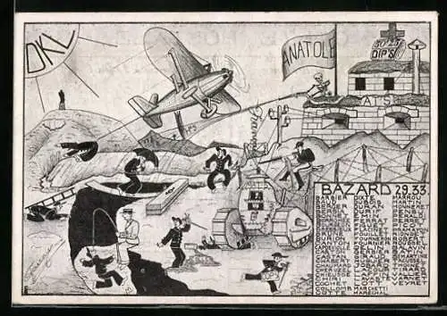 Künstler-AK Bazard, Expedition mit dem Flugzeug, Baud, Berger und Dixte