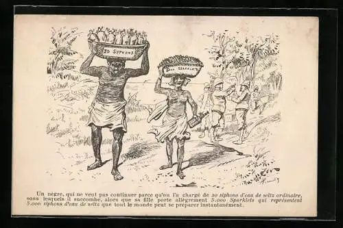AK Eingeborene mit Körben, Im Hintergrund Soldaten, Reklame für Sparklets Soda-Siphon-Kartuschen