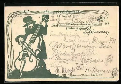 Künstler-AK Nigaelis, Abiturienten-Kommers 1908, Student spielt Kontrabass