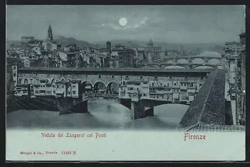 Mondschein-AK Firenze, Veduta dei Lungarni coi Ponti