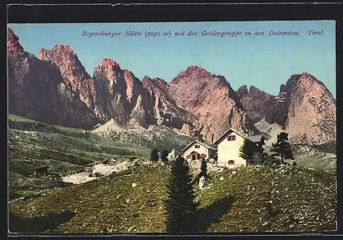 AK Regensburger Hütte, Ansicht mit der Geislergruppe in den Dolomiten