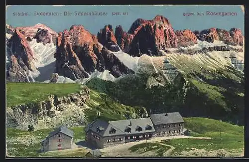 AK Schlernhäuser in den Dolomiten, Ansicht gegen den Rosengarten