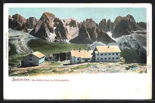 AK Schlernhaus, Ansicht mit dem Rosengarten in den Dolomiten