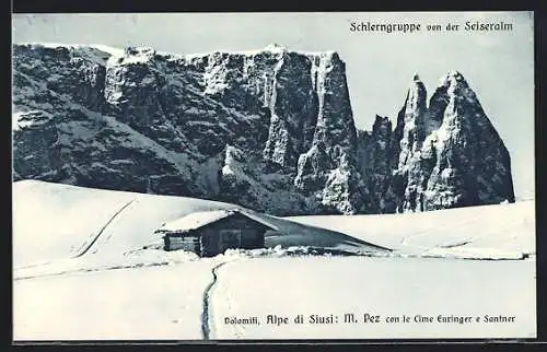 AK Berghütte M. Pez auf der Seiseralm mit Schlerngruppe