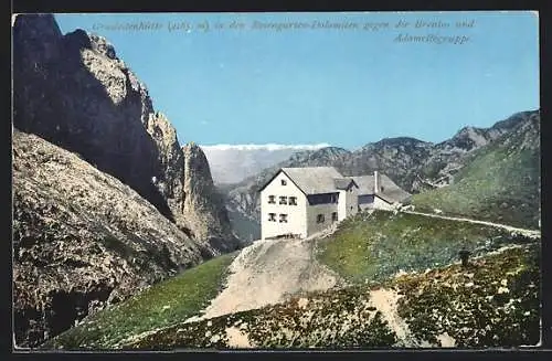 AK Grasleitenhütte, Ansicht mit den Rosengarten-Dolomiten