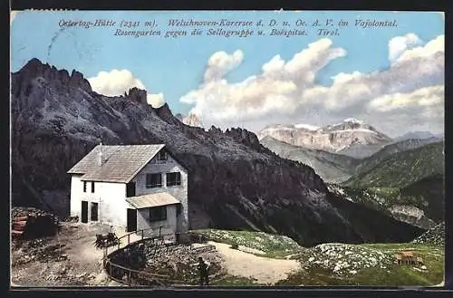 AK Ostertag-Hütte, Ansicht mit Rosengarten gegen die Sellagruppe und Boespitze