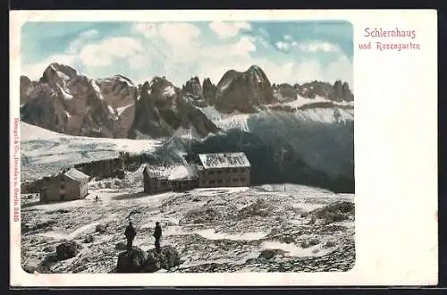 AK Schlernhaus und Rosengarten, Blick über die verschneite Alm zu den Berghütten hinüber