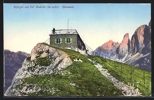 AK Col Rodella-Haus, Motiv mit Langkofelgruppe und Rosengarten