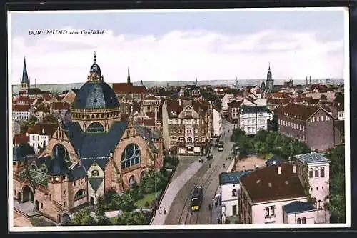 AK Dortmund, Blick vom Grafenhof zur Synagoge, Strassenbahn
