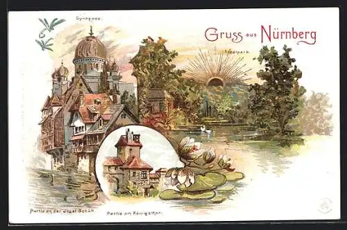 Sonnenschein-AK Nürnberg, Synagoge, Partie an der Insel Schütt und hinter der Mauer