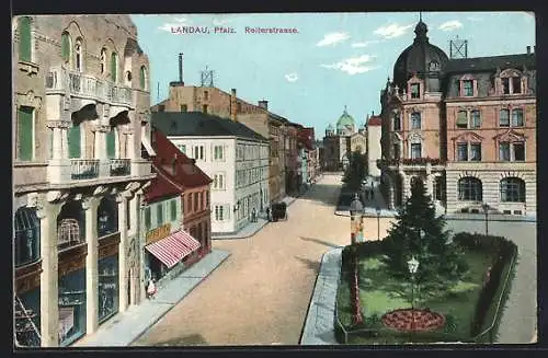 AK Landau / Pfalz, Reiterstrasse mit Synagoge und Grünanlage