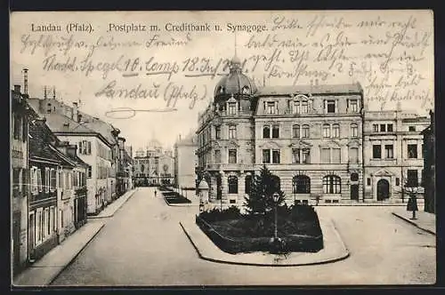 AK Landau / Pfalz, Postplatz mit Synagoge und Creditbank