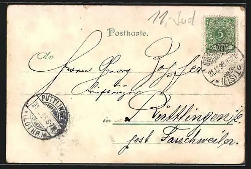 Lithographie Strassburg, Synagoge, Kaiserpalast, Neue Rheinbrücke