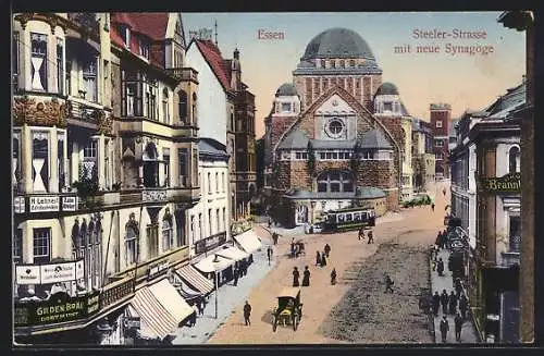 AK Essen, Steeler-Strasse mit neuer Synagoge, Strassenbahn