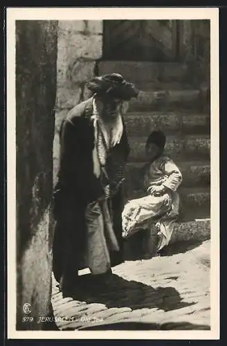 AK Jerusalem, Alter Mann und ein Knabe, Strassenbild
