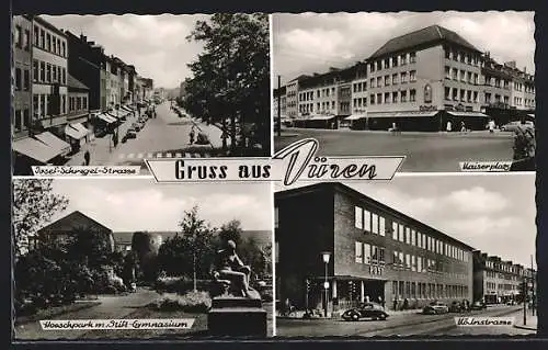 AK Düren, Kaiserplatz mit Geschäften, Hoeschpark mit Stift-Gymnasium, Post in der Kölnstrasse