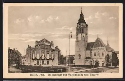 AK Düren, Hoeschplatz mit Marienkirche und Theater