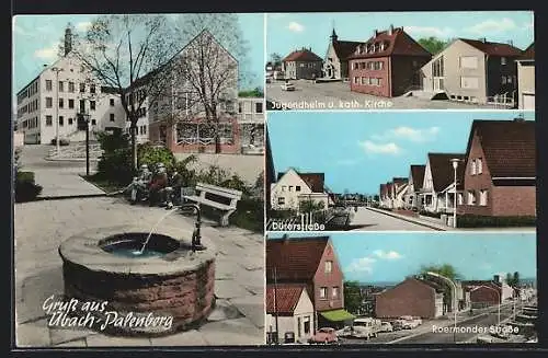 AK Übach-Palenberg, am Brunnen, Jugendheim und kath. Kirche, Blick in die Dürerstrasse, Blick in die Roermonder Strasse