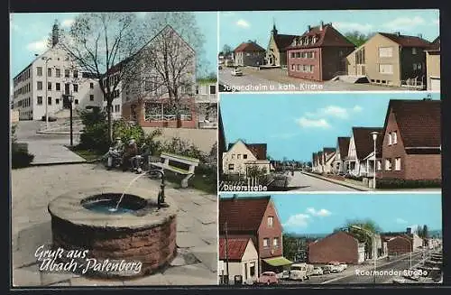 AK Übach-Palenberg, am Brunnen, Jugendheim und kath. Kirche, Blick in die Dürerstrasse, Blick in die Roermonder Strasse