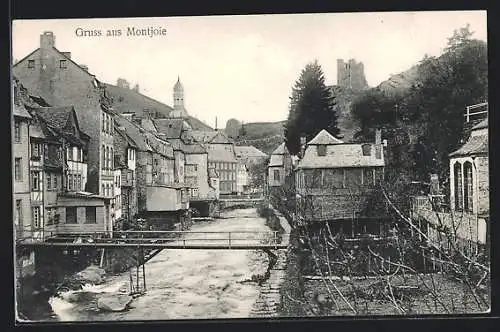 AK Montjoie, Uferpartie mit Brücke