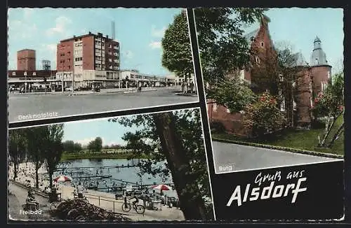 AK Alsdorf / Rheinl., Denkmalplatz, Burg, Freibad
