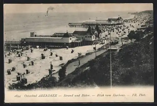 AK Arendsee, Ostseebad, Blick vom Kurhaus auf Strand und Bäder