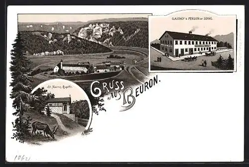 Lithographie Beuron, Gasthof & Pension zur Sonne, St. Maurus Kapelle
