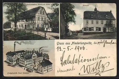 AK Niederlungwitz /Sa., Gasthof Restauration F. Süss, Papierfabrik Zeissler, Schule