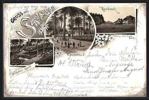 Lithographie Bad Schwartau, Waldhalle, Riesebusch, Wilhelms Quelle