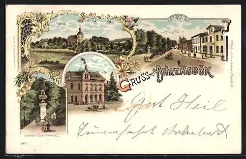 Lithographie Ahrensbök, Post mit Pferdekutsche, Denkmal von Kaiser Wilhelm I., Kirche