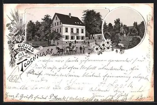 Lithographie Todenmann, Gasthaus F. Reese mit Strasse und Kutsche, Denkmal