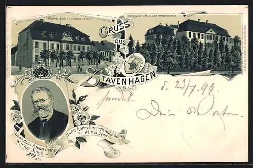Lithographie Stavenhagen, Geburtshaus Fritz Reuter / Rathaus, Schloss, Portrait Fritz Reuter, Wappen