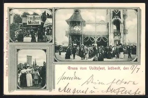 AK Lübeck, Volksfest, Eingang zum Festplatz, Frau Busch aus Moisling