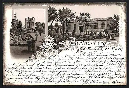 Lithographie Schwartau, Gasthof Parinerberg mit Anlagen und Aussichtsturm