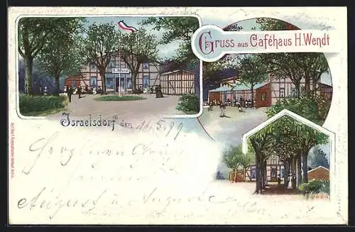 Lithographie Israelsdorf, Cafehaus H. Wendt mit Kundschaft