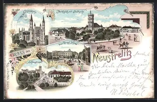 Lithographie Neustrelitz, Marktplatz mit Stadtkirche, Grossherzogl. Schloss