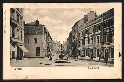 Winter-Lithographie Aachen, Strasse am Büchel mit Brunnen