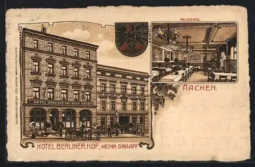Lithographie Aachen, Hotel Berliner Hof H. Graaff mit Reliefsaal, Wappen