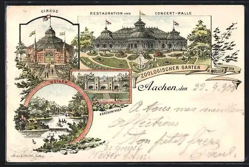 Lithographie Aachen, Zoologischer Garten, Restauration und Concert-Halle, Cirkus, Bärenzwinger