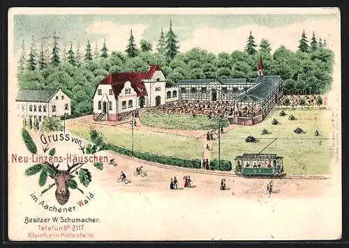 Lithographie Aachen, Aachener Wald, Gasthaus Neu-Linzens-Häuschen W. Schumacher aus der Vogelschau, Strassenbahn