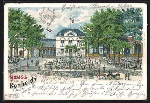 Lithographie Aachen, Gasthaus Ronheide von H. Gehrke mit Gästen, Frontansicht