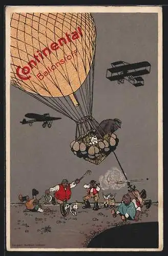 AK Reklame für Continental Ballonstoff, Aufruhr beim Start, Doppeldecker am Himmel
