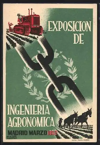 Künstler-AK Madrid, Exposicion de Ingenieria Agronomica 1950, Pflügen per Zugmaschine