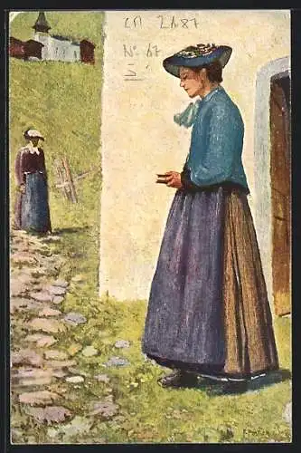 Künstler-AK Frau in Sonntagskleidung vor Kapelle, Pro Juventute