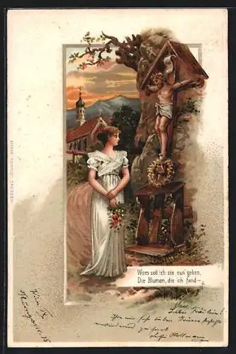 AK Frau mit Blumen am Flurkreuz
