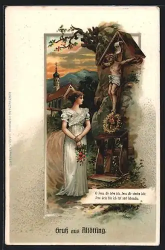 AK Frau mit Blumen am Flurkreuz