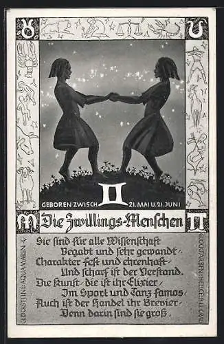 Künstler-AK Sternzeichen Zwillinge - Bild von Zwillingen, Gedicht